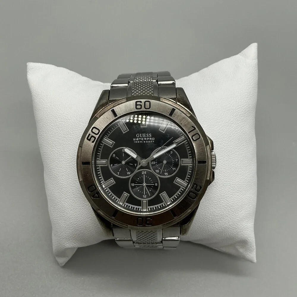 Guess Waterpro Mens Watch 43mm Black Stainless Chronograph New Battery 7.25